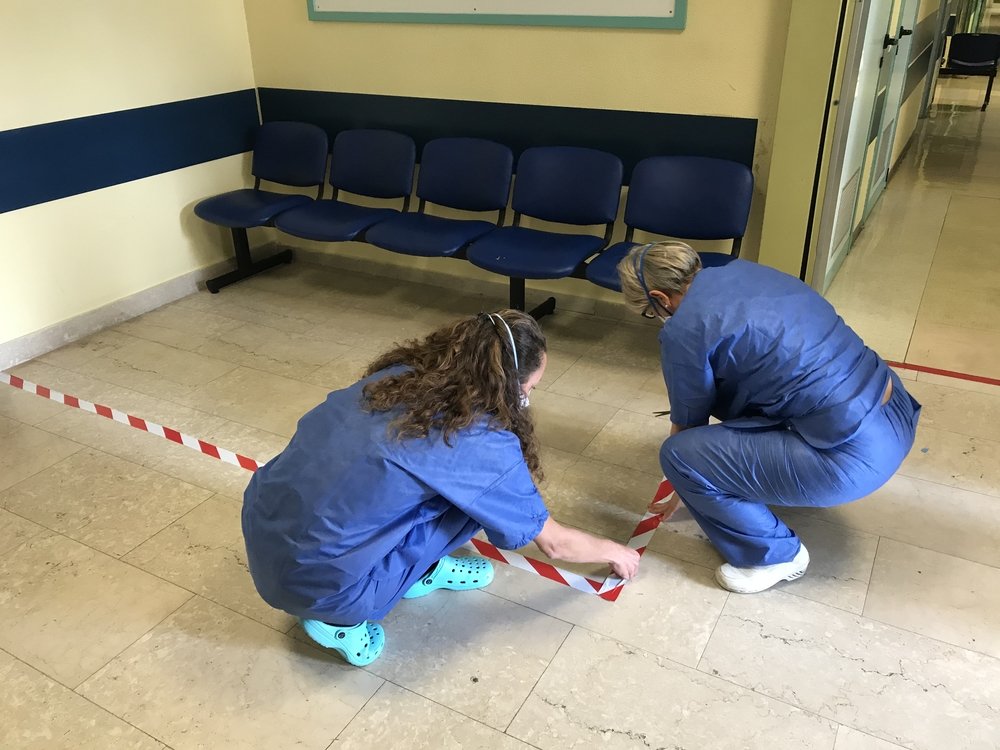 A safety zone is established in the waiting room of the radiology service at Codogno Hospital, where Italy&#039;s first COVID-19 case was recorded.