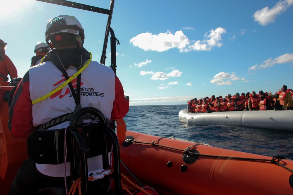 MSF Search and Rescue teams preparing the rescue of a rubber boat in distress with 49 people on board. (17 December, 2021).