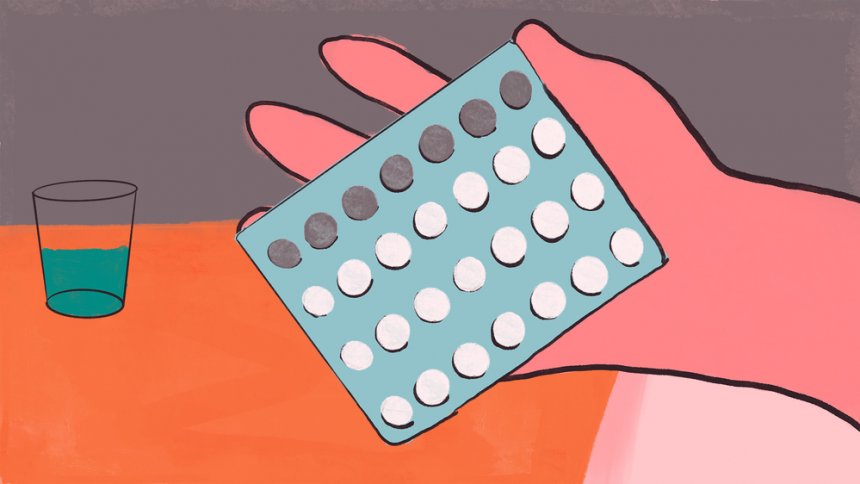 Illustration of a woman holding a blister pack of the oral contraceptive pill.