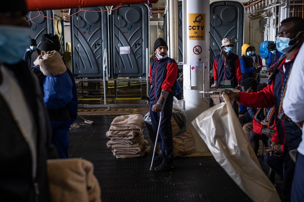 After MSF teams announced that they were assigned a port of safety in Messina, Sicily, survivors started to clean and tidy up Geo Barents&#039; deck. Moustafa wasn&#039;t able to help due to his handicap. *Names were changed to protect their identity.