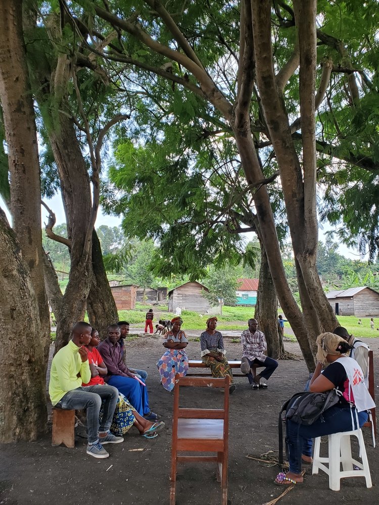 MSF COVID-19 health promotion training and information sessions with a group of volunteer community healthcare workers, in the village of Nzule, just outside of the city of Goma in North Kivu Province, DRC.