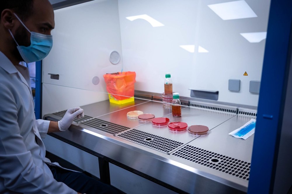 A lab technician at MSF&#039;s reconstructive surgery hospital in Amman seeds culture media. (February, 2022).