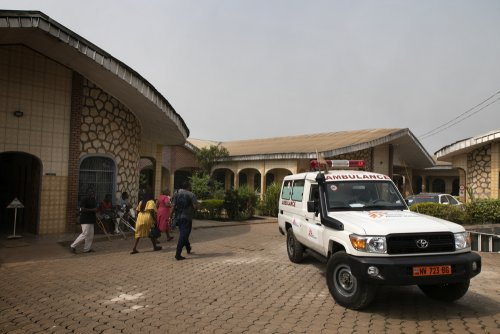 The inner courtyard and ambulance parking lot of MSF-supported Saint Mary Soledad hospital in Bamenda, North-West Cameroon