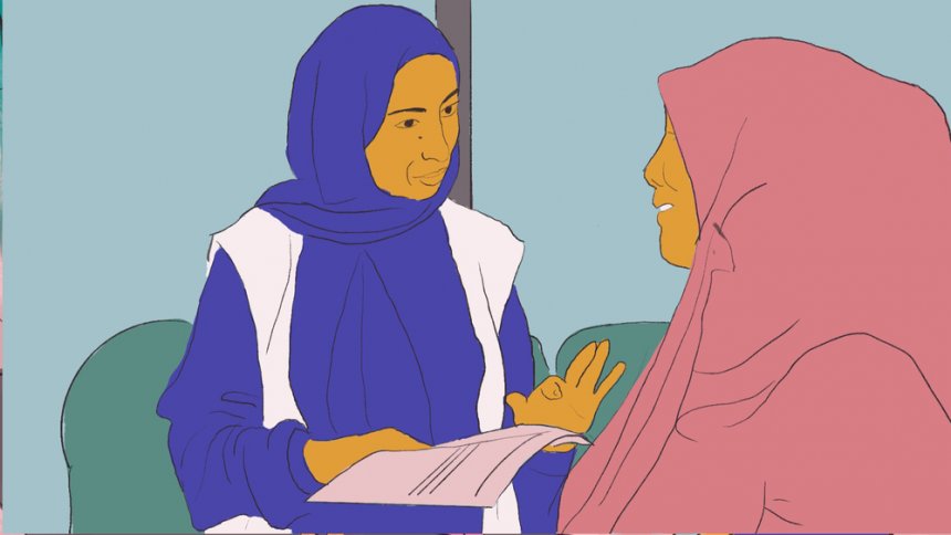 llustration of a patient (right) receiving support from a medical professional.