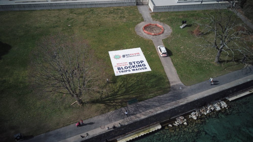 Aerial view of the banner deployed by MSF in front of the World Trade Organization (WTO) in Geneva calling on certain governments to stop blocking the landmark waiver proposal on intellectual property (IP) during the pandemic.