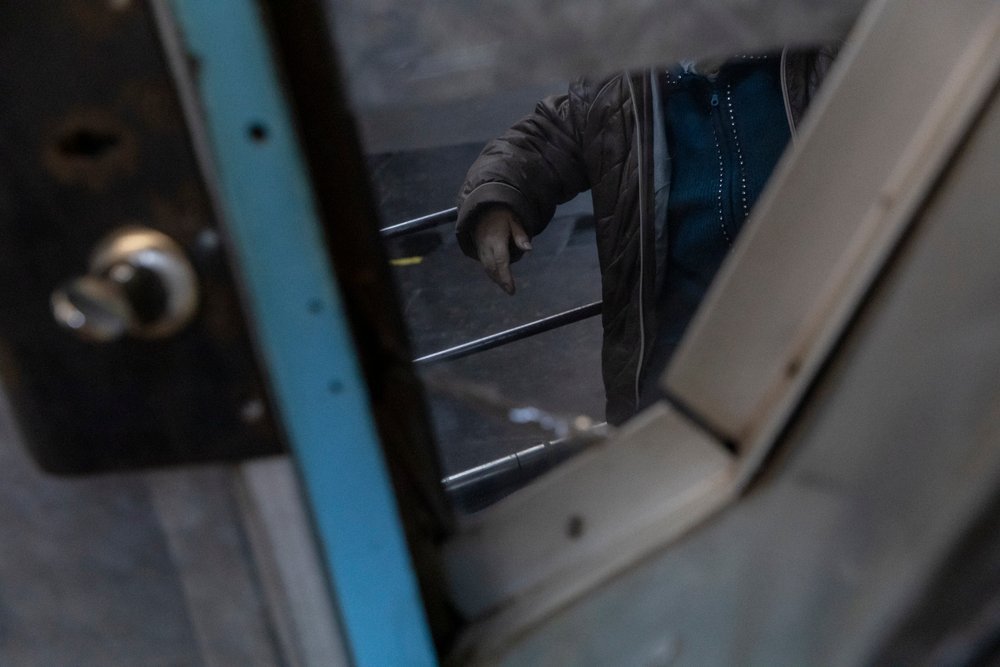Someone waits in front of MSF&#039;s mobile clinic, in a metro station in Kharkiv, Ukraine. (April, 2022).