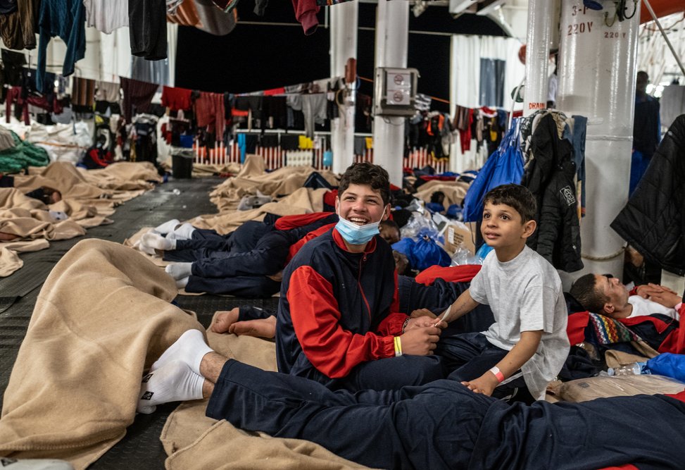 Hassan, 13 years old, and Ali, 7 years old, are happy to be on the Geo Barents after spending more than 13 hours in a wooden boat adrift in the Libyan SAR zone, before being rescued by MSF SAR teams, on November 16, 2021.