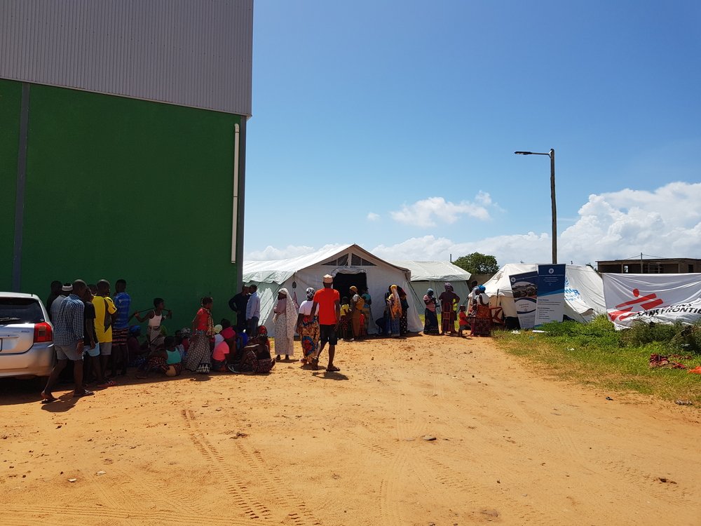 MSF tent outside the stadium in Pemba, where displaced people are temporarily sheltered.